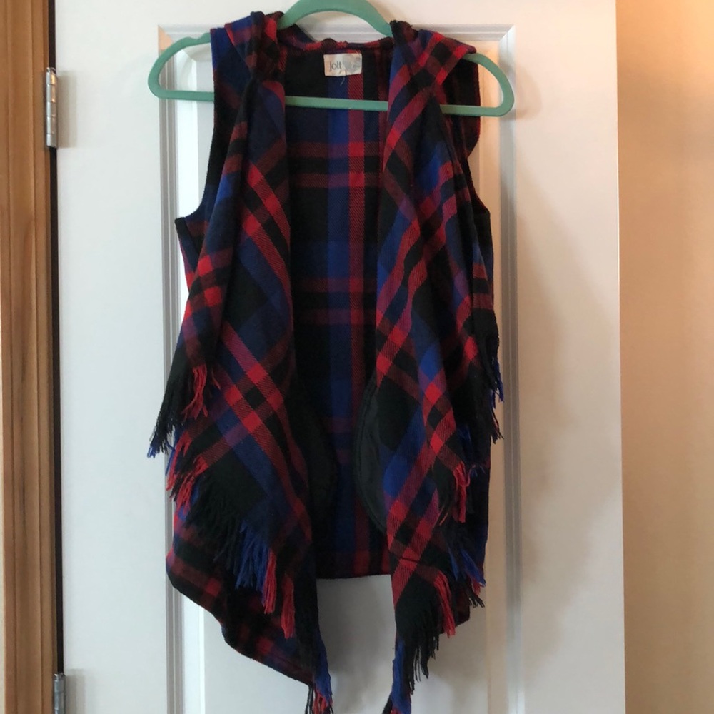 Jolt Red and Blue Plaid Hooded Fringe Vest